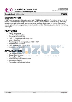 PT2272-L2 datasheet - Remote Control Decoder