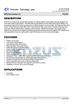 PT2579L datasheet - RDS Demodulator IC