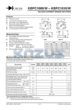 KBPC1000W datasheet - 10A HIGH CURRENT BRIDGE RECTIFIER