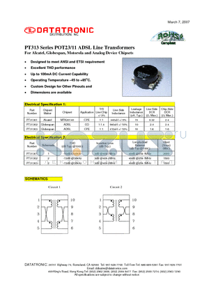 PT31301 datasheet - POT23/11 ADSL Line Transformers