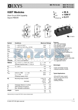 MDI75-12A3 datasheet - IGBT Modules - Short Circuit SOA Capability Square RBSOA