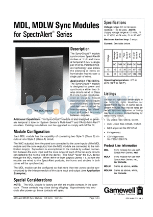 MDL datasheet - MDL, MDLW Sync Modules for SpectrAlert Series