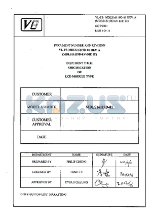 MDLS16119D-LV-DIEIC datasheet - SPECIFICATION OF LCD MODULE TYPE