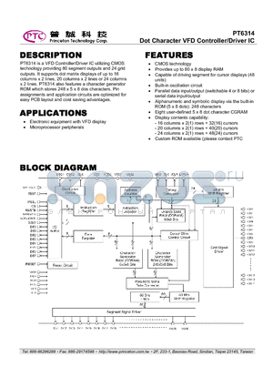 PT6314-001 datasheet - Dot Character VFD Controller/Driver IC