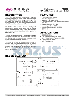 PT6910 datasheet - 1.2A LED Driver with Integrated Switch