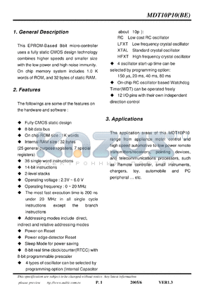 MDT10P10BE datasheet - 8-bit micro-controller