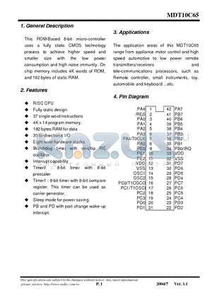 MDT10C65A1Q datasheet - 8-bit micro-controller