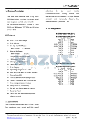 MDT10F6301S13 datasheet - 8-bit Micro-controller