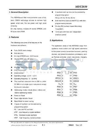 MDT2030 datasheet - 8-bit micro-controller uses a fully static CMOS design technology