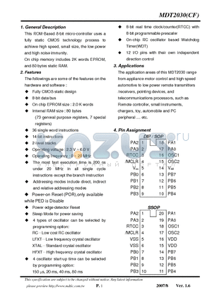 MDT2030CF datasheet - 8-bit micro-controller