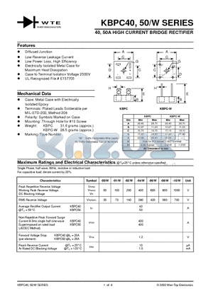 KBPC5004 datasheet - 40, 50A HIGH CURRENT BRIDGE RECTIFIER