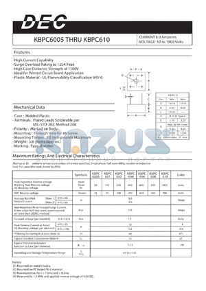 KBPC601 datasheet - CURRENT 6.0 Amperes VOLTAGE 50 to 1000 Volts