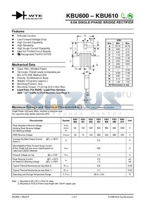 KBU600 datasheet - 6.0A SINGLE-PHASE BRIDGE RECTIFIER