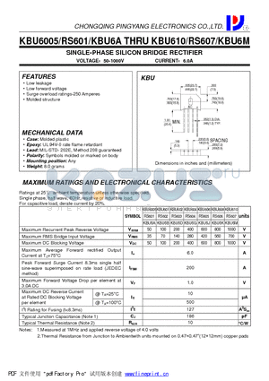KBU6005-RS601-KBU6A datasheet - SINGLE-PHASE SILICON BRIDGE RECTIFIER