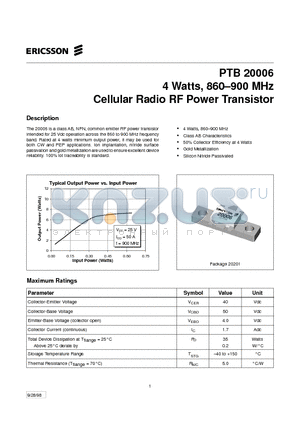PTB20006 datasheet - 4 Watts, 860-900 MHz Cellular Radio RF Power Transistor