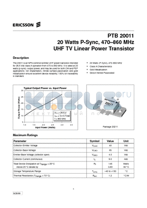 PTB20011 datasheet - 20 Watts P-Sync, 470-860 MHz UHF TV Linear Power Transistor