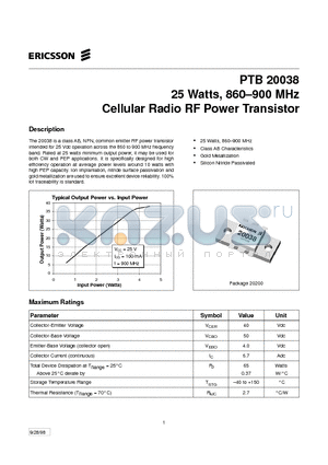 PTB20038 datasheet - 25 Watts, 860-900 MHz Cellular Radio RF Power Transistor