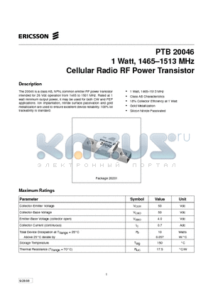 PTB20046 datasheet - 1 Watt, 1465-1513 MHz Cellular Radio RF Power Transistor