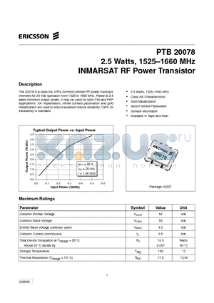 PTB20078 datasheet - 2.5 Watts, 1525-1660 MHz INMARSAT RF Power Transistor