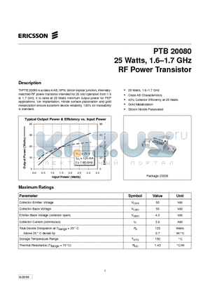 PTB20080 datasheet - 25 Watts, 1.6-1.7 GHz RF Power Transistor