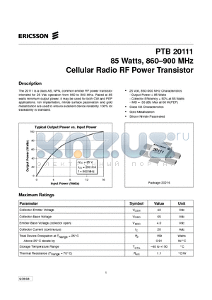 PTB20111 datasheet - 85 Watts, 860-900 MHz Cellular Radio RF Power Transistor