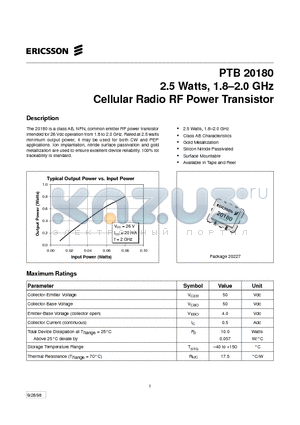 PTB20180 datasheet - 2.5 Watts, 1.8-2.0 GHz Cellular Radio RF Power Transistor