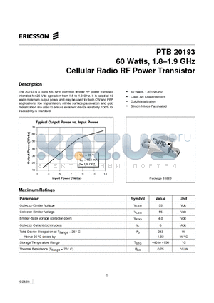 PTB20193 datasheet - 60 Watts, 1.8-1.9 GHz Cellular Radio RF Power Transistor