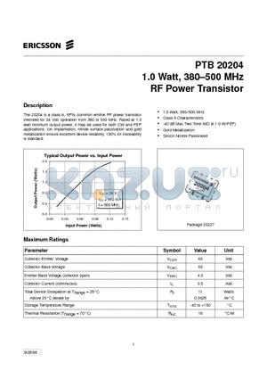 PTB20204 datasheet - 1.0 Watt, 380-500 MHz RF Power Transistor