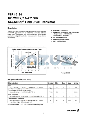 PTF10134 datasheet - 100 Watts, 2.1-2.2 GHz GOLDMOS Field Effect Transistor