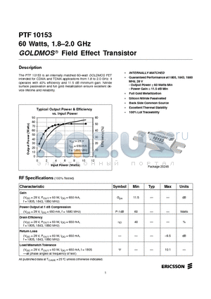 PTF10153 datasheet - 60 Watts, 1.8-2.0 GHz GOLDMOS Field Effect Transistor