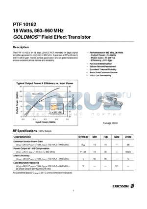 PTF10162 datasheet - 18 Watts, 860-960 MHz GOLDMOS Field Effect Transistor