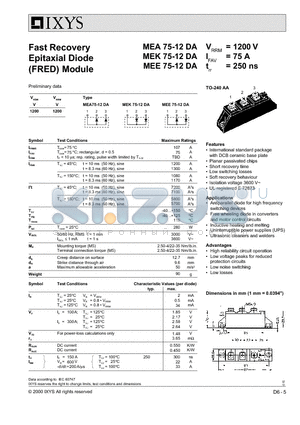 MEA75-12 datasheet - Fast Recovery Epitaxial Diode (FRED) Module