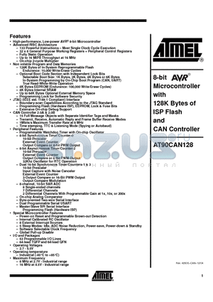 MEGA128CAN datasheet - Microcontroller WITH 128K BYTES OF ISP FLASH AND CAN CONTROLLER