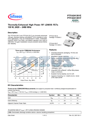 PTFA241301F datasheet - Thermally-Enhanced High Power RF LDMOS FETs 130 W, 2420-2480 MHz