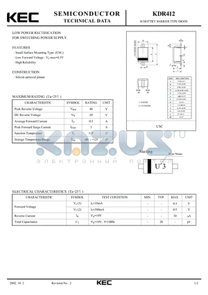 KDR412 datasheet - SCHOTTKY BARRIER TYPE DIODE(LOW POWER RECTIFICATION, FOR SWITCHING POWER SUPPLY)