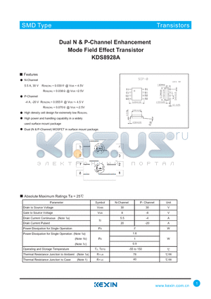 KDS8928A datasheet - Dual N & P-Channel Enhancement Mode Field Effect Transistor