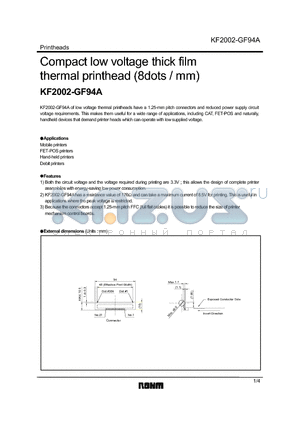 KF2002-GF94A datasheet - Compact low voltage thick film thermal printhead (8dots /mm)