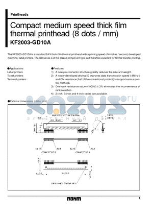 KF2003-GD10A datasheet - Compact medium speed thick film thermal printhead (8 dots / mm)