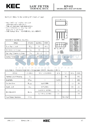 KF415 datasheet - SPECIFICATIONS FOR SAW FILTER(BAND PASS FILTERS FOR THE RECEIVING RF CIRCUITS OF PAGER)