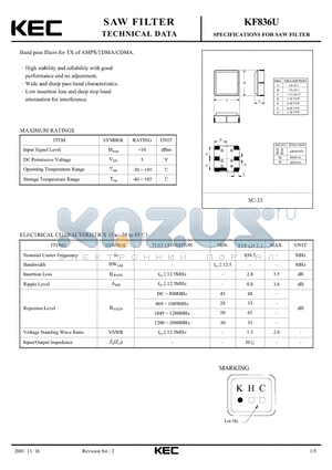 KF836U datasheet - SPECIFICATIONS FOR SAW FILTER(BAND PASS FILTERS FOR TX OF AMPS/TDMA/CDMA)