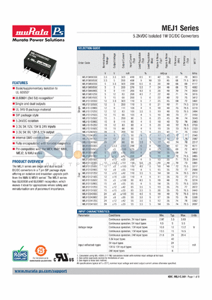 MEJ1D0503SC datasheet - 5.2kVDC Isolated 1W DC/DC Converters