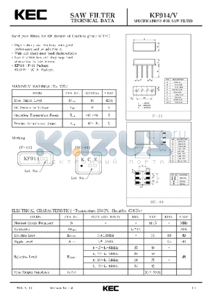KF914V datasheet - SPECIFICATIONS FOR SAW FILTER(BAND PASS FILTERS FOR RF CIRCUITS OF CORDLESS PHONE(CT-1)