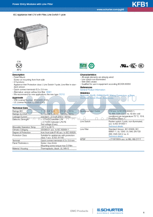 KFB1 datasheet - IEC Appliance Inlet C14 with Filter, Line Switch 1-pole