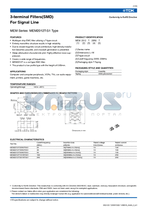 MEM2012T201RT0S1 datasheet - 3-terminal Filters(SMD) For Signal Line