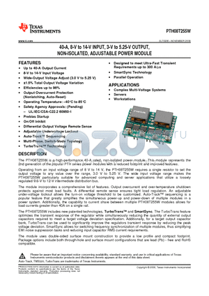 PTH08T255WAD datasheet - 40-A, 8-V to 14-V INPUT, 3-V to 5.25-V OUTPUT, NON-ISOLATED, ADJUSTABLE POWER MODULE