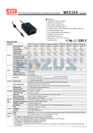 MES30A-5P1J datasheet - 16.5~30WAC-DC Single Output and Medical Type Desktop