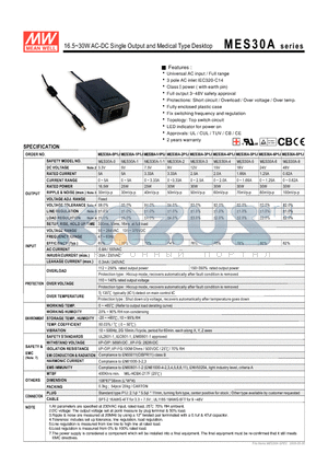 MES30A-8 datasheet - 16.5~30WAC-DC Single Output and Medical Type Desktop