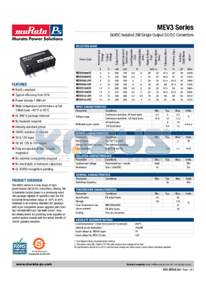 MEV3S0509SC datasheet - 3kVDC Isolated 3W Single Output DC/DC Converters