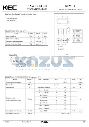 KFM110 datasheet - SPECIFICATIONS FOR SAW FILTER(BAND PASS FILTERS FOR THR IF CIRCUITS OF CORDLESS PHONE)