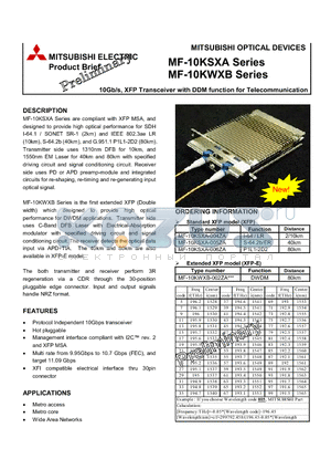 MF-10KSXA-006ZA datasheet - 10Gb/s, XFP Transceiver with DDM function for Telecommunication